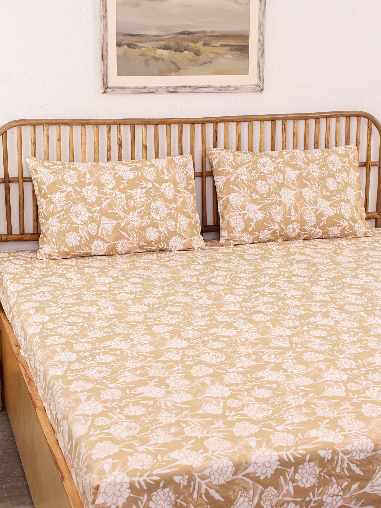 Genda Phool Bedsheet with Pillow Cover (Beige) - 144 TC