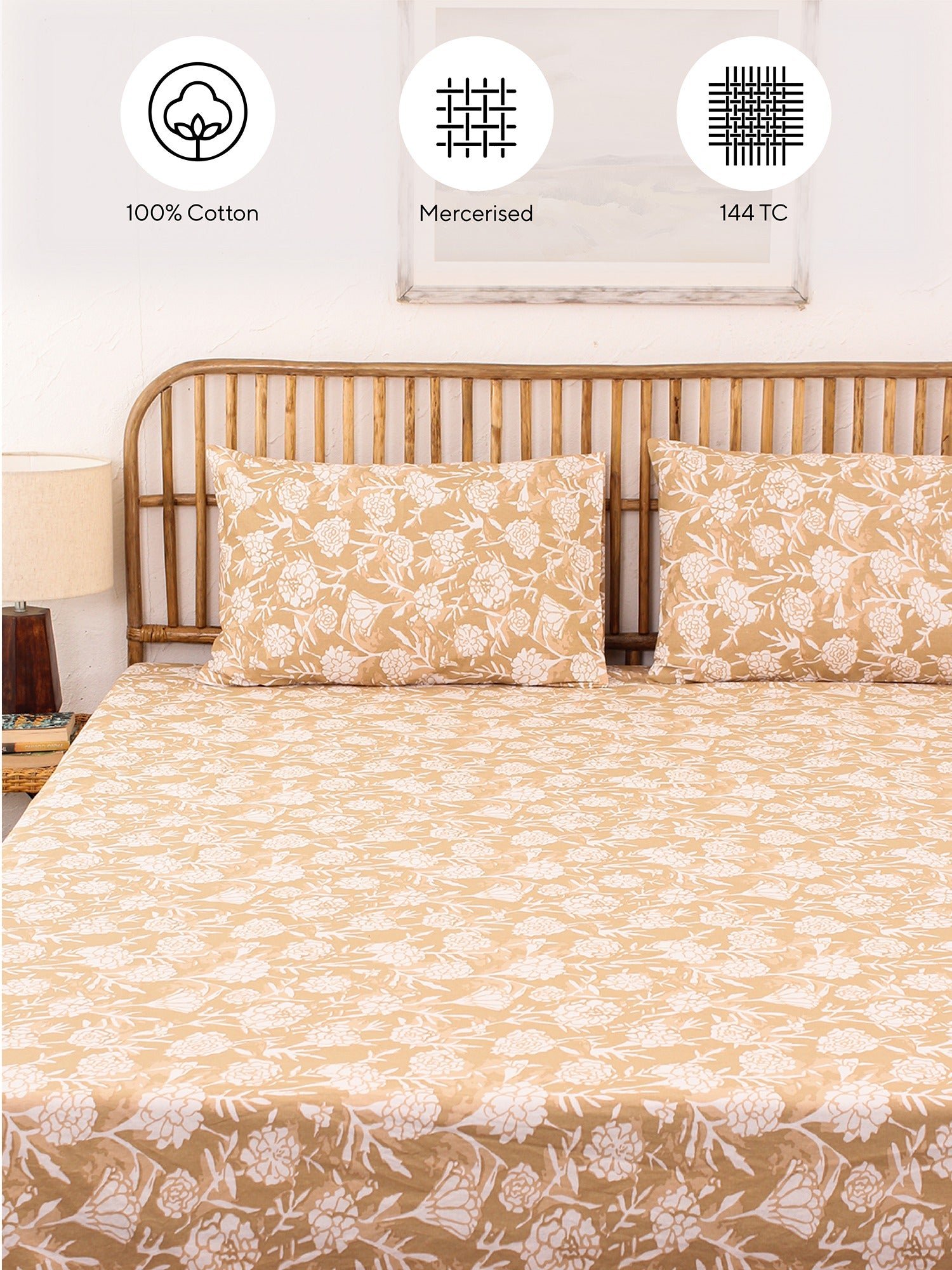 Genda Phool Bedsheet with Pillow Cover (Beige) - 144 TC