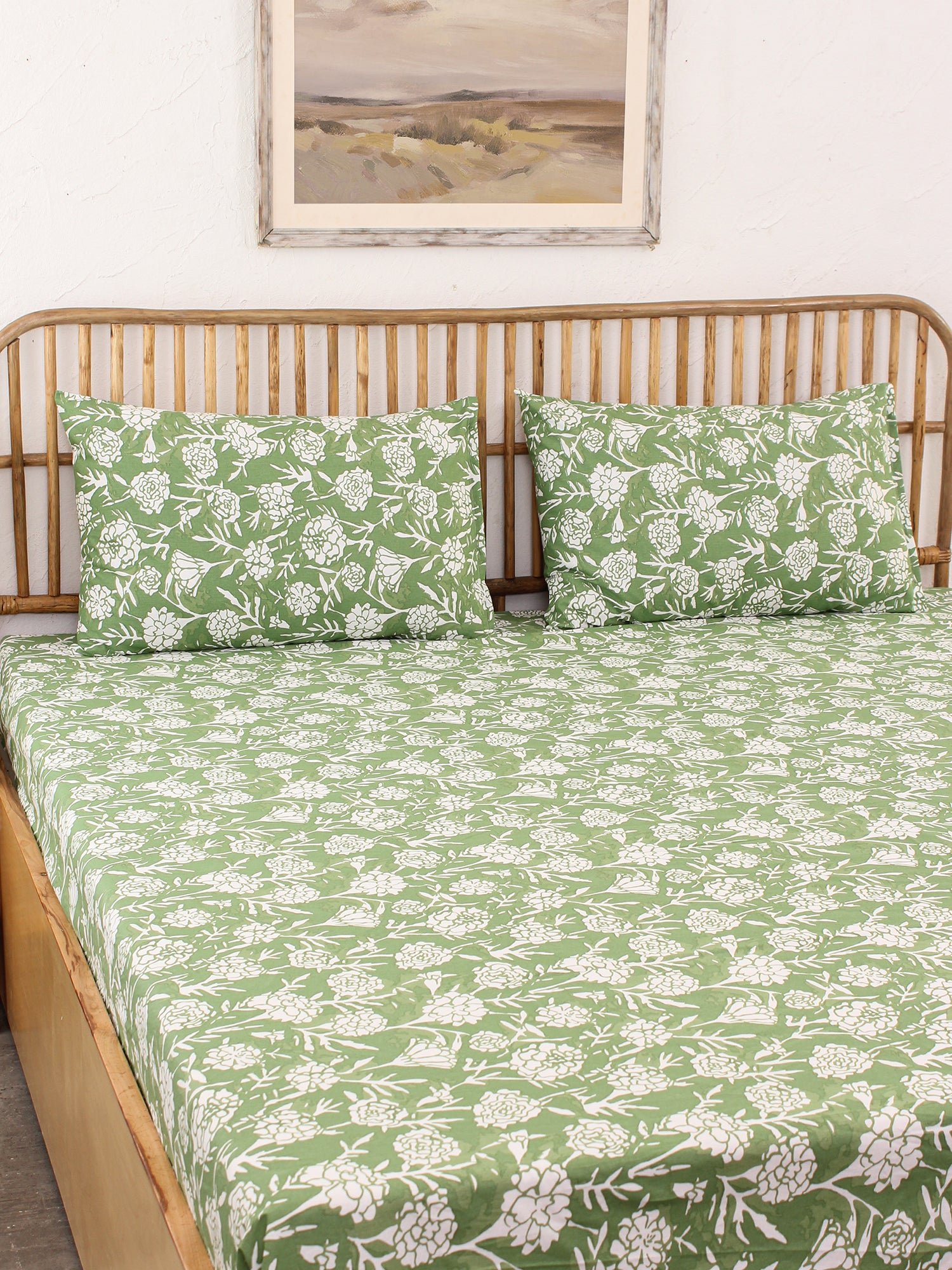 Genda Phool Bedsheet with Pillow Cover (Green) - 144 TC