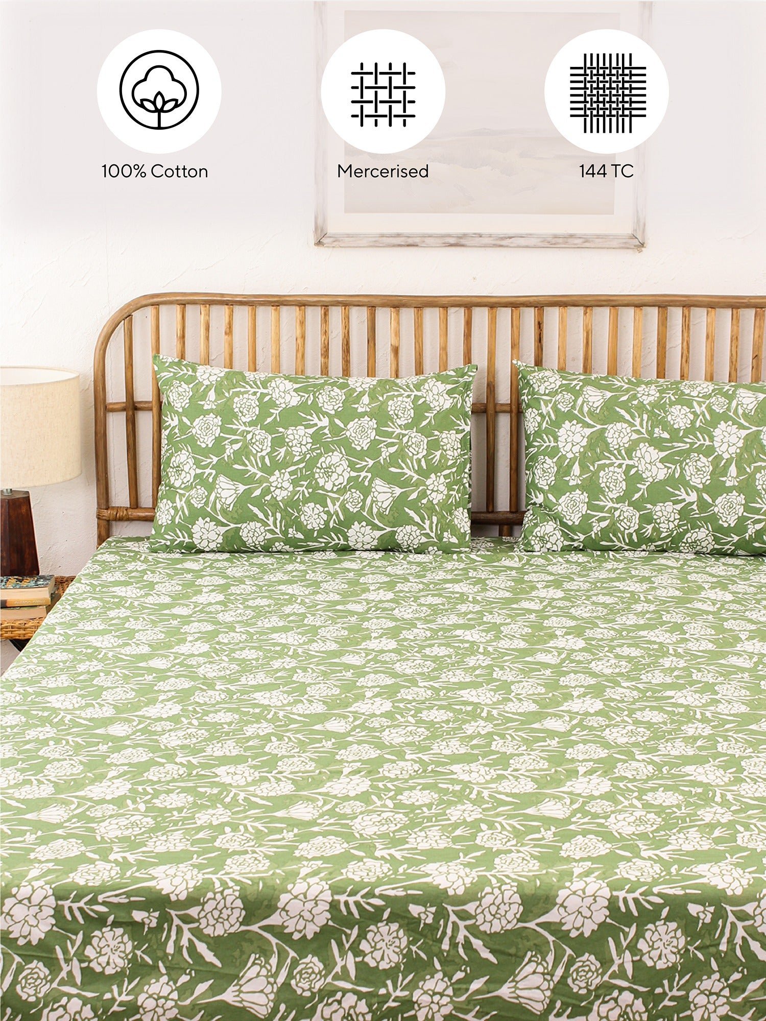 Genda Phool Bedsheet with Pillow Cover (Green) - 144 TC