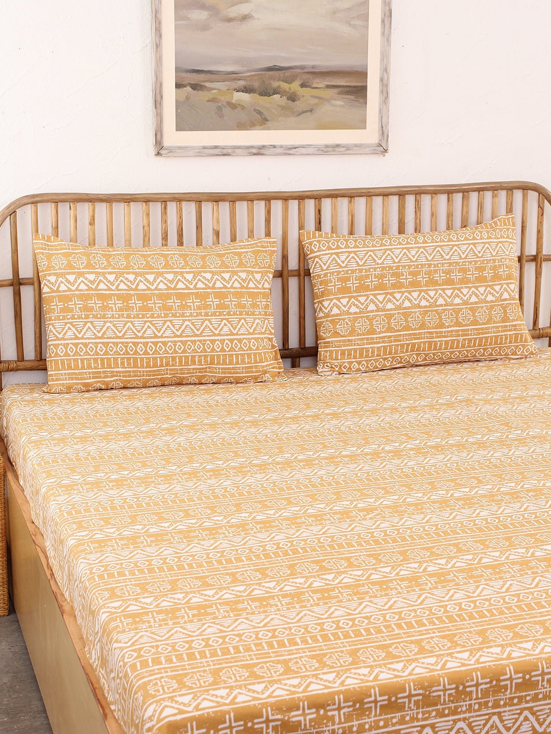 Kullu Patti Fitted Bedsheet Set (Yellow)