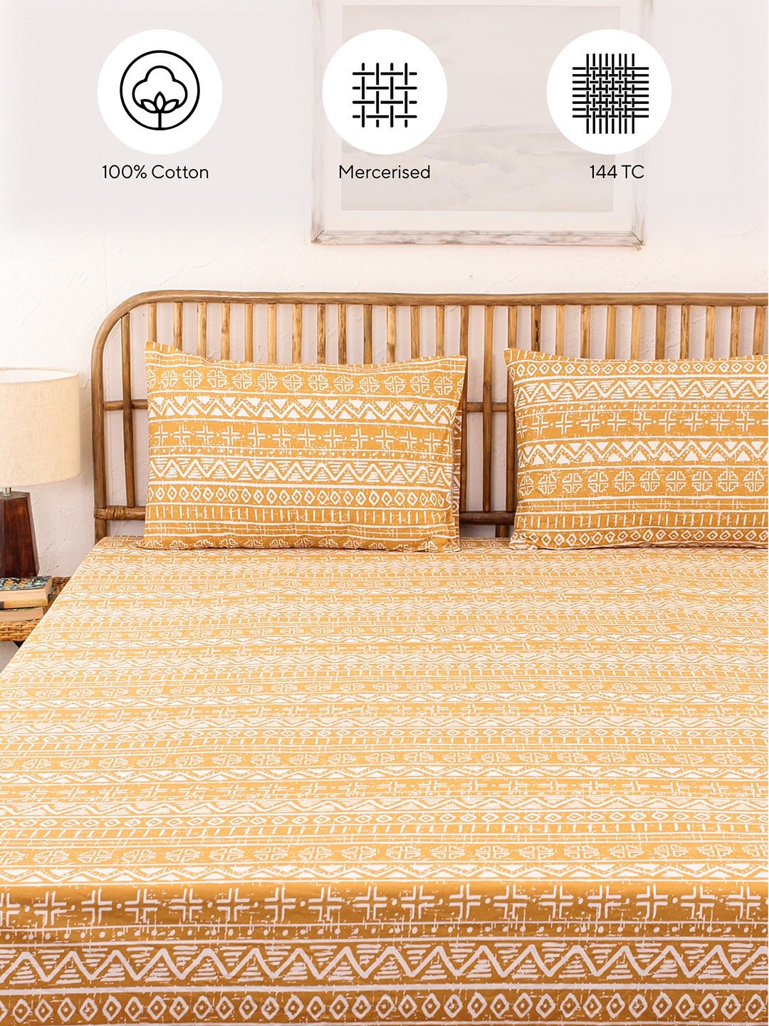Kullu Patti Fitted Bedsheet Set (Yellow)