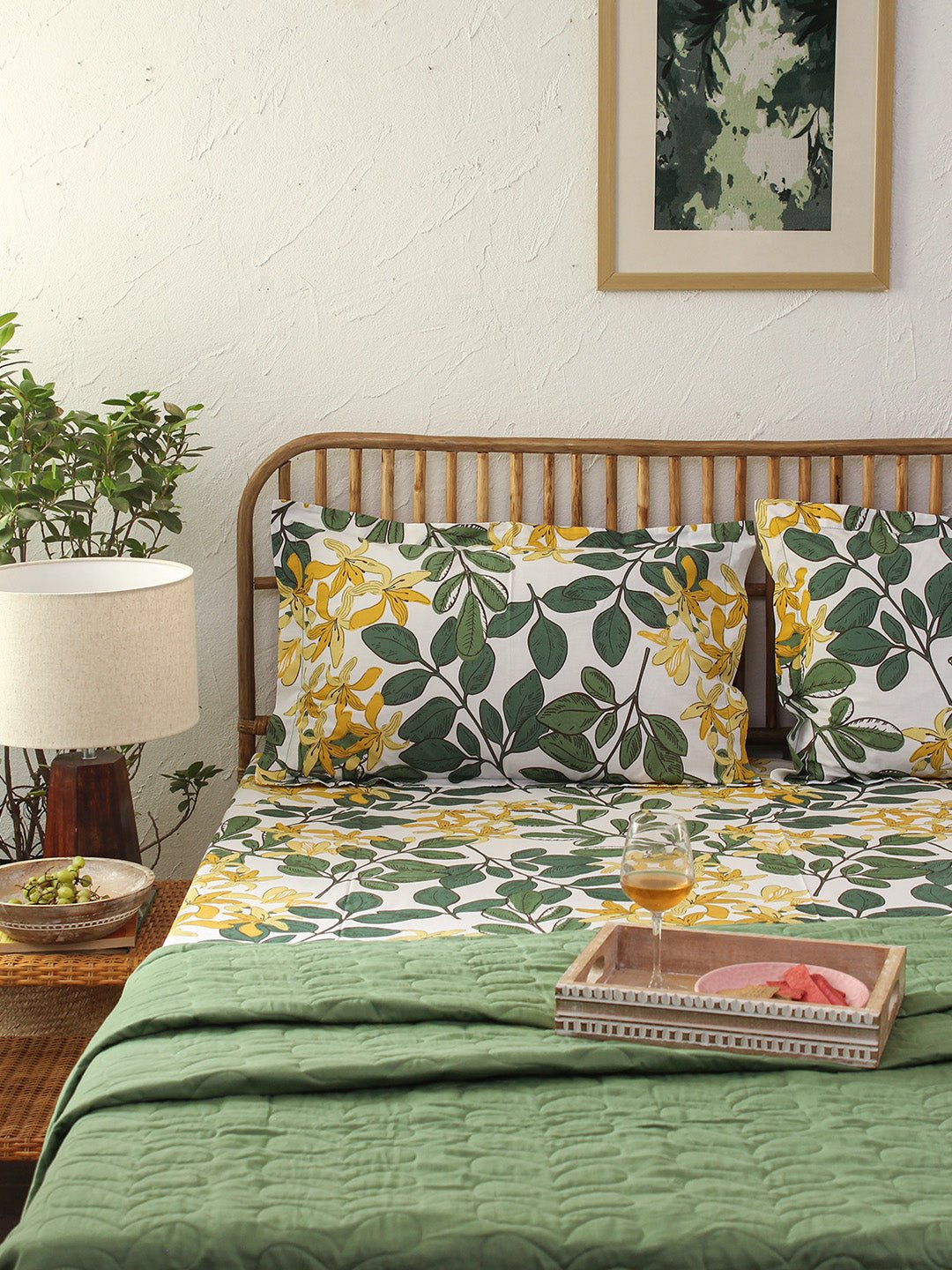 Moringa Bedsheet with Pillow Cover (Green) - 180 TC