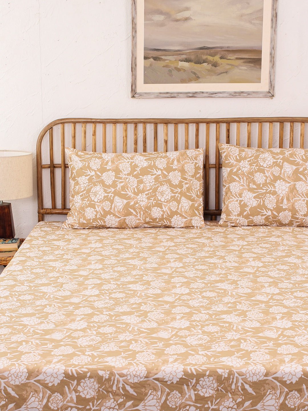Genda Phool Bedsheet & 2 Pillow Cover + 2 Pillow Filler (Beige)