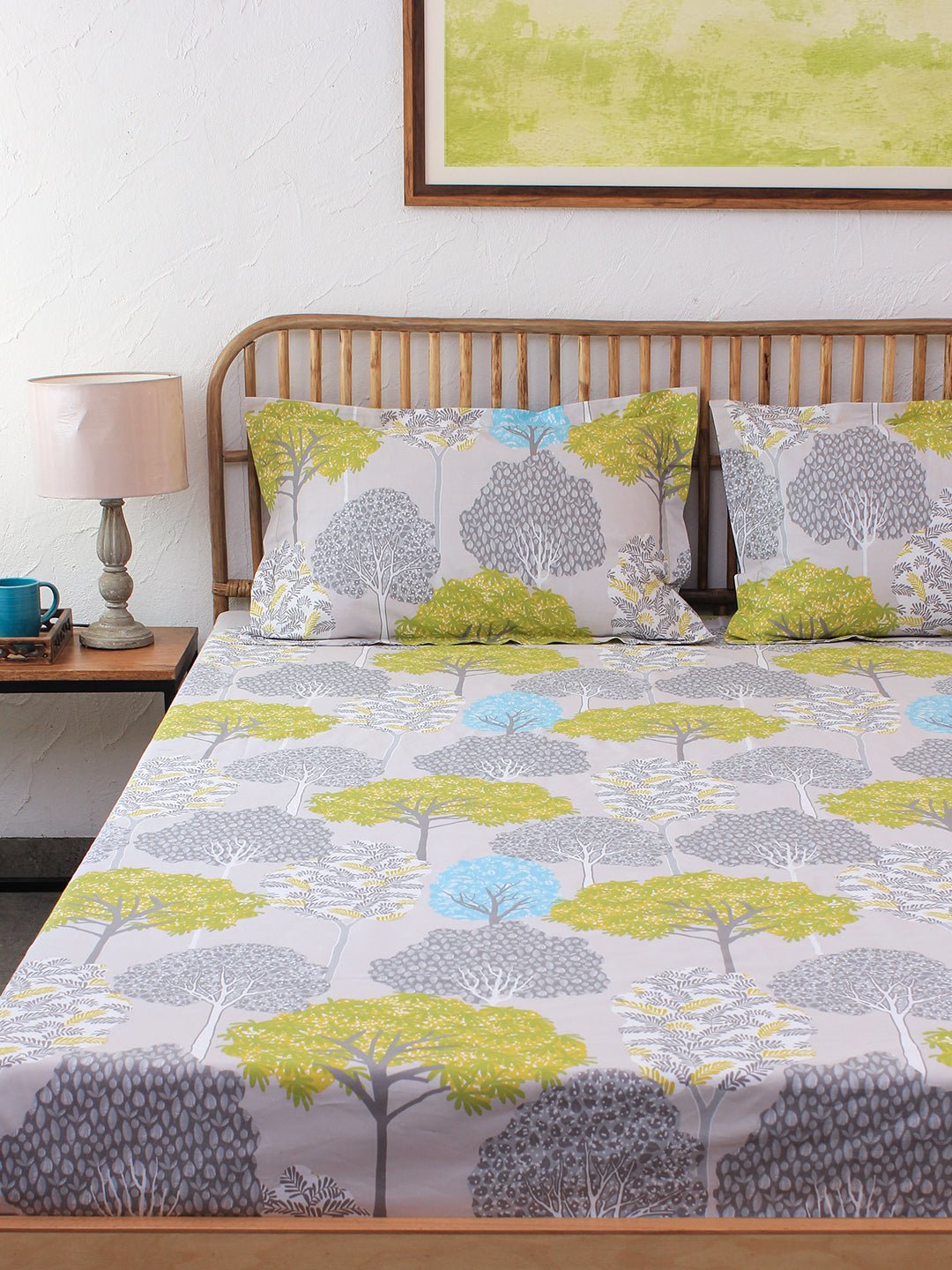 Saptaparni Green Fitted Sheet with Pillow Cover