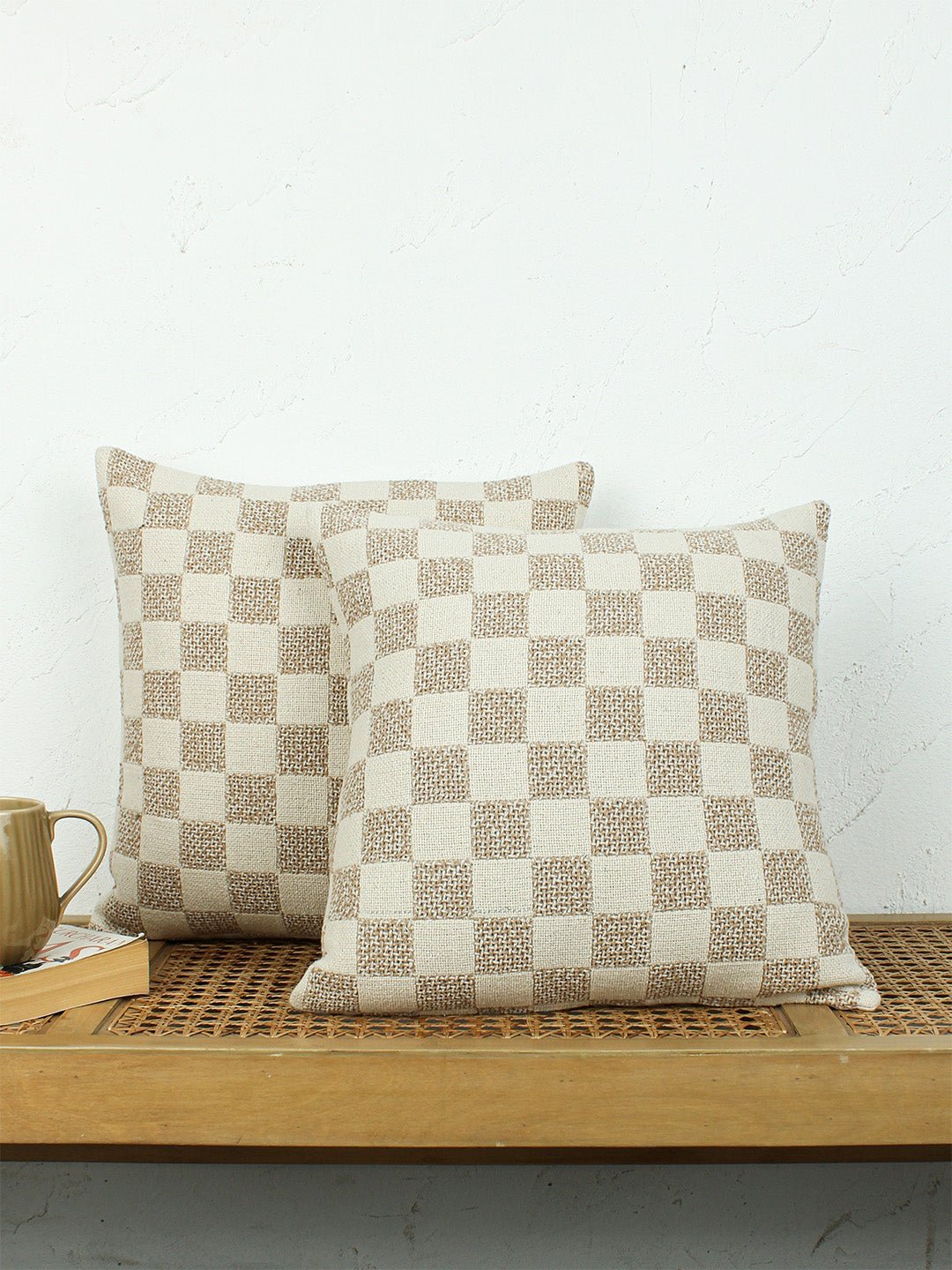 Checkerboard Set Of 2 Cushion Covers - (Beige) - 40x40cm