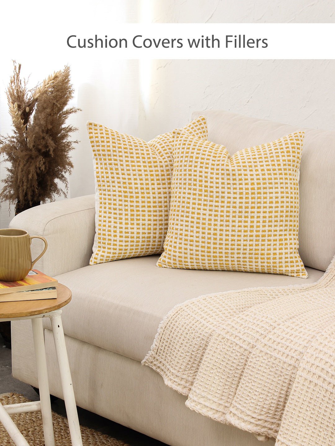 Girnar Set Of 2 Cushion Covers + 2 Cushion Fillers (Yellow) - 40X40 cm