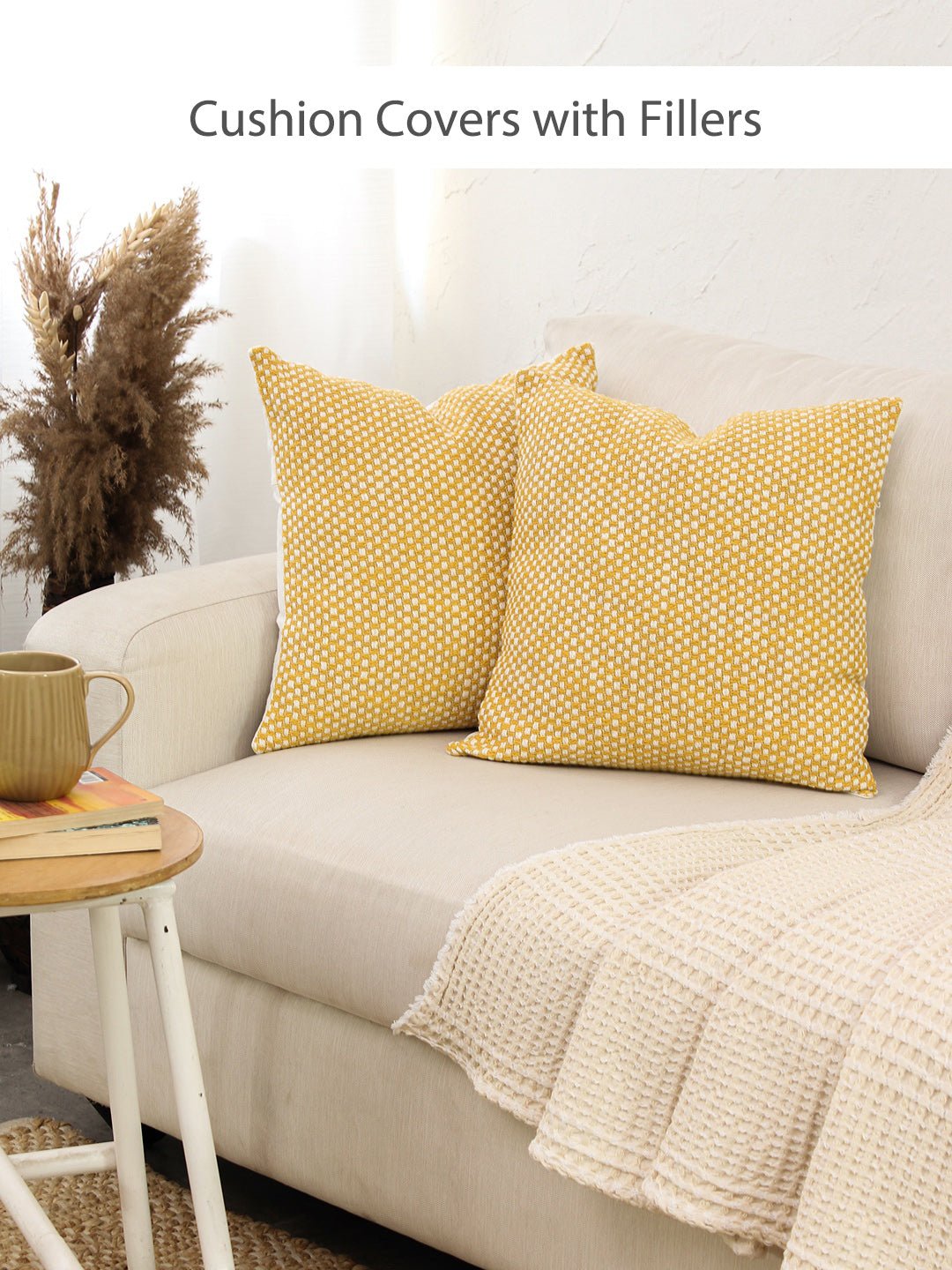 Vindhya Set Of 2 Cushion Covers + 2 Cushion Fillers (Yellow) - 40X40 cm