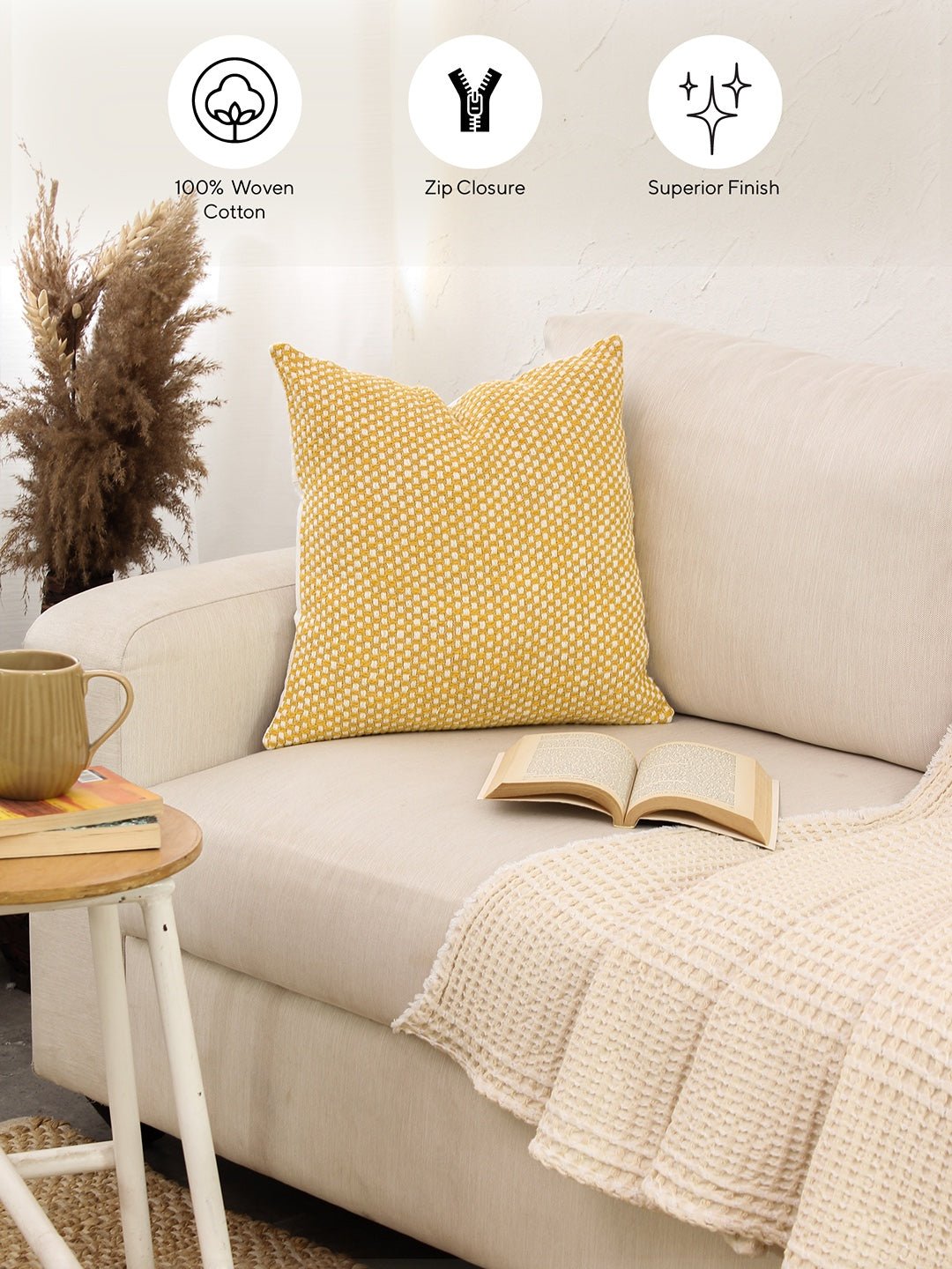 Vindhya Set Of 2 Cushion Covers + 2 Cushion Fillers (Yellow) - 40X40 cm