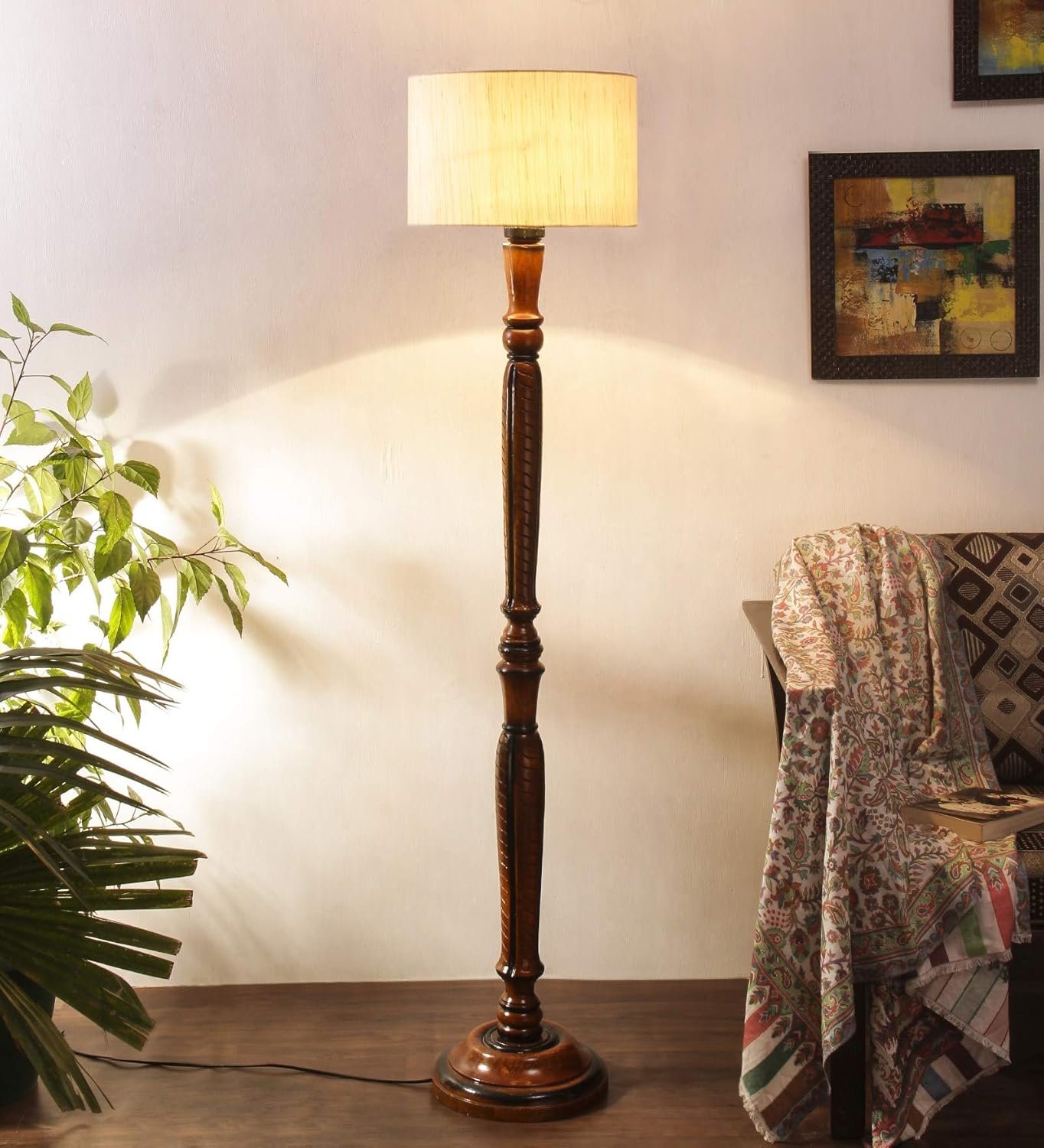 Off-White Cotton Wooden Floor Lamps