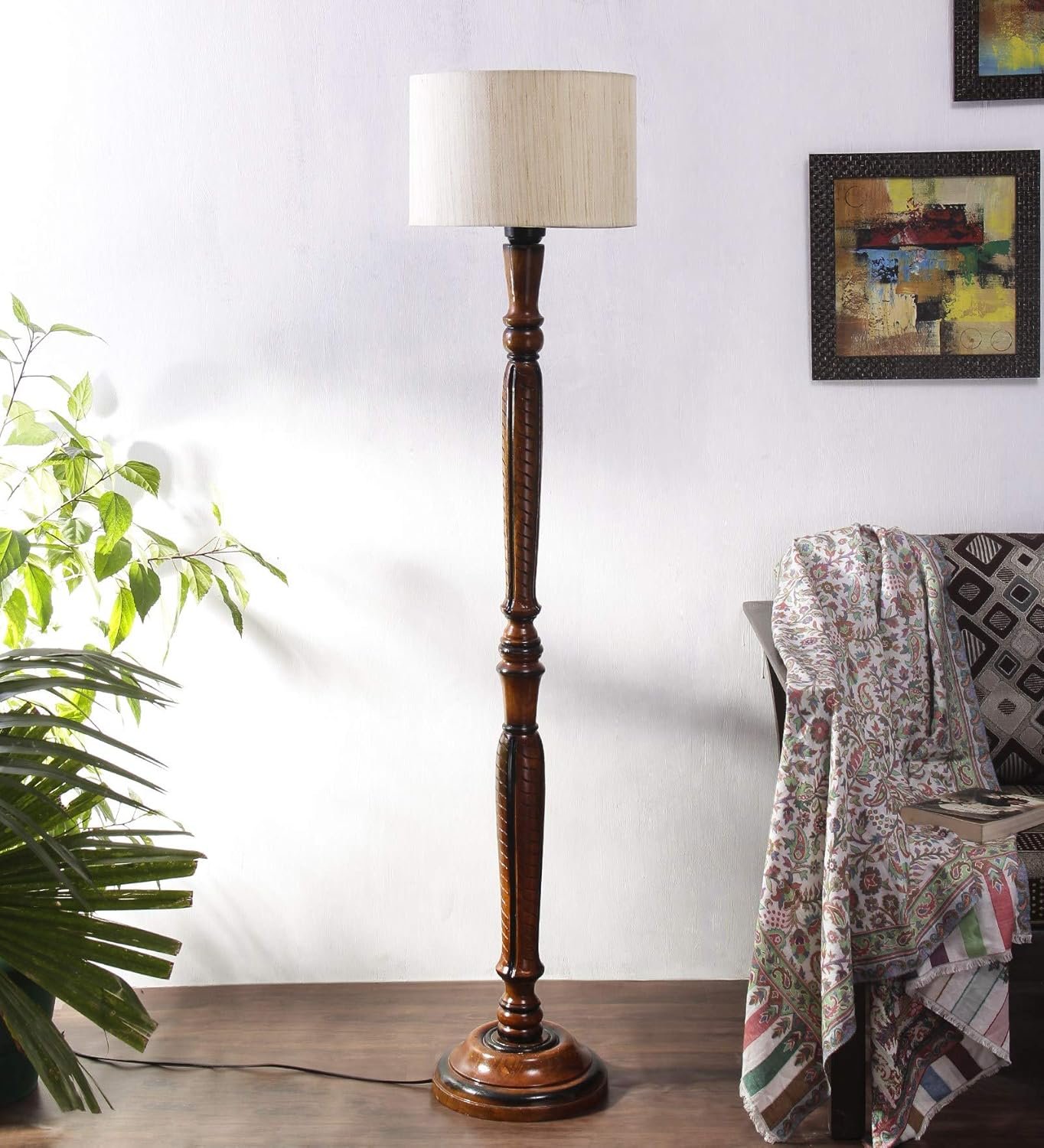 Off-White Cotton Wooden Floor Lamps
