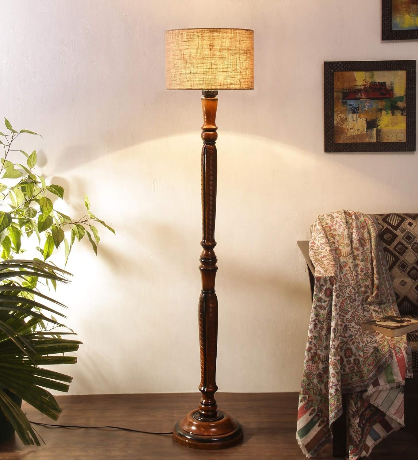 Beige Jute Wooden Floor Lamp