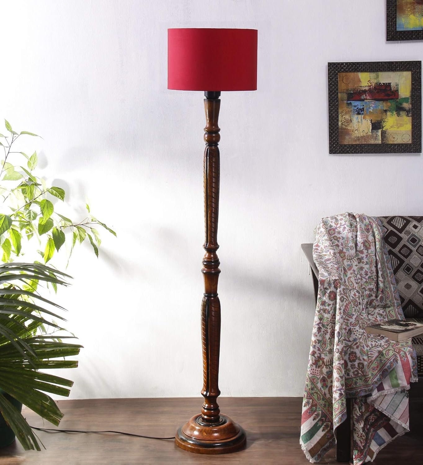 Red Cotton Wooden Floor lamp