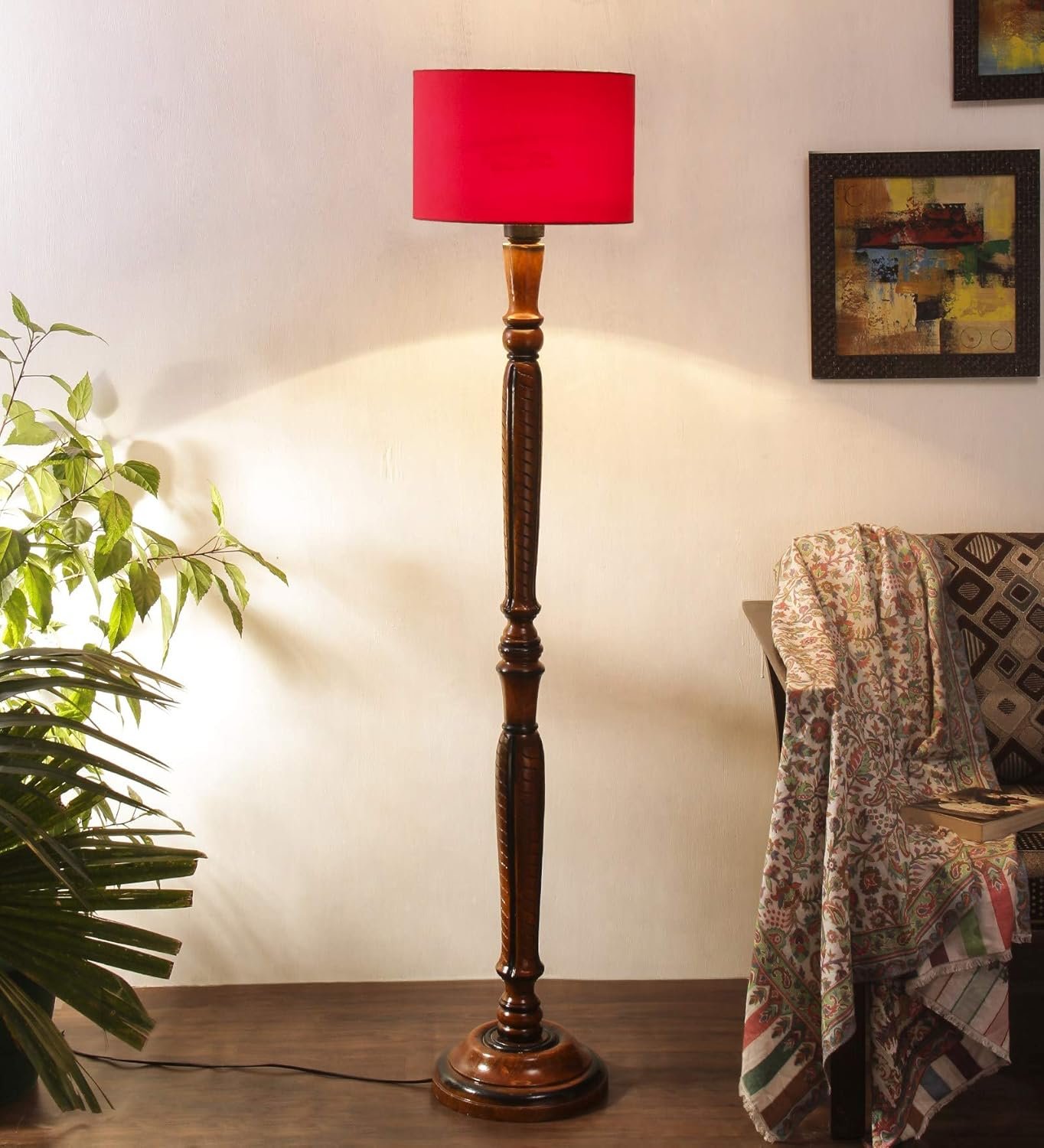 Red Cotton Wooden Floor lamp