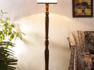 Off White & Black Cotton Drum Designer Fashionable Wooden Carving Floor Lamp for Home Decor (Off White & Black, Medium)
