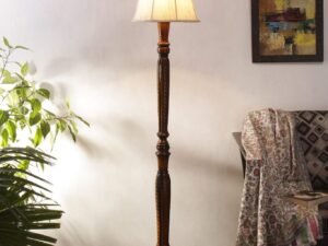 Off White Cotton Cylindrical Drum Designer Fashionable Wooden Carving Floor Lamp for Home Decor (Off White, Medium)