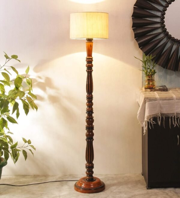 Cotton Drum Designer Fashionable Wooden Floor Lamp for Home Decor (Off White, Medium)