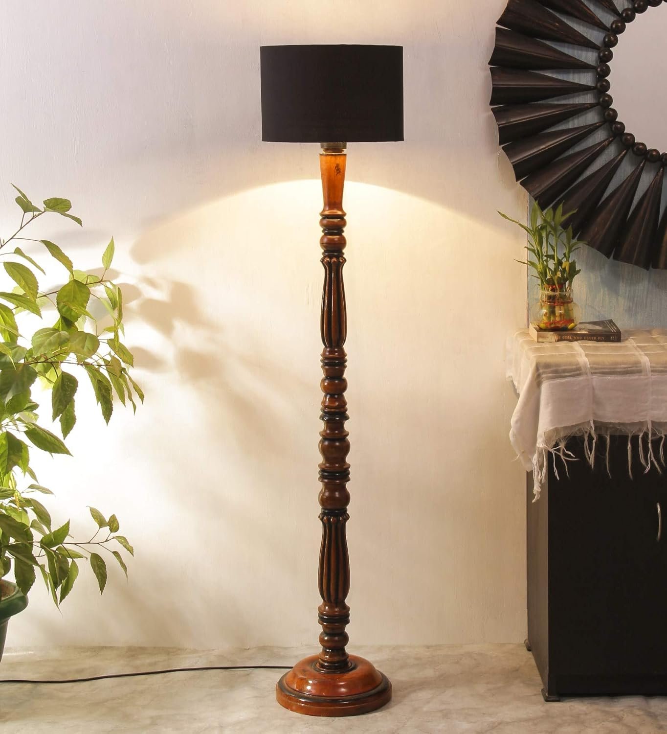Black Cotton Drum Designer Fashionable Wooden Floor Lamp for Home Decor (Black, Medium)