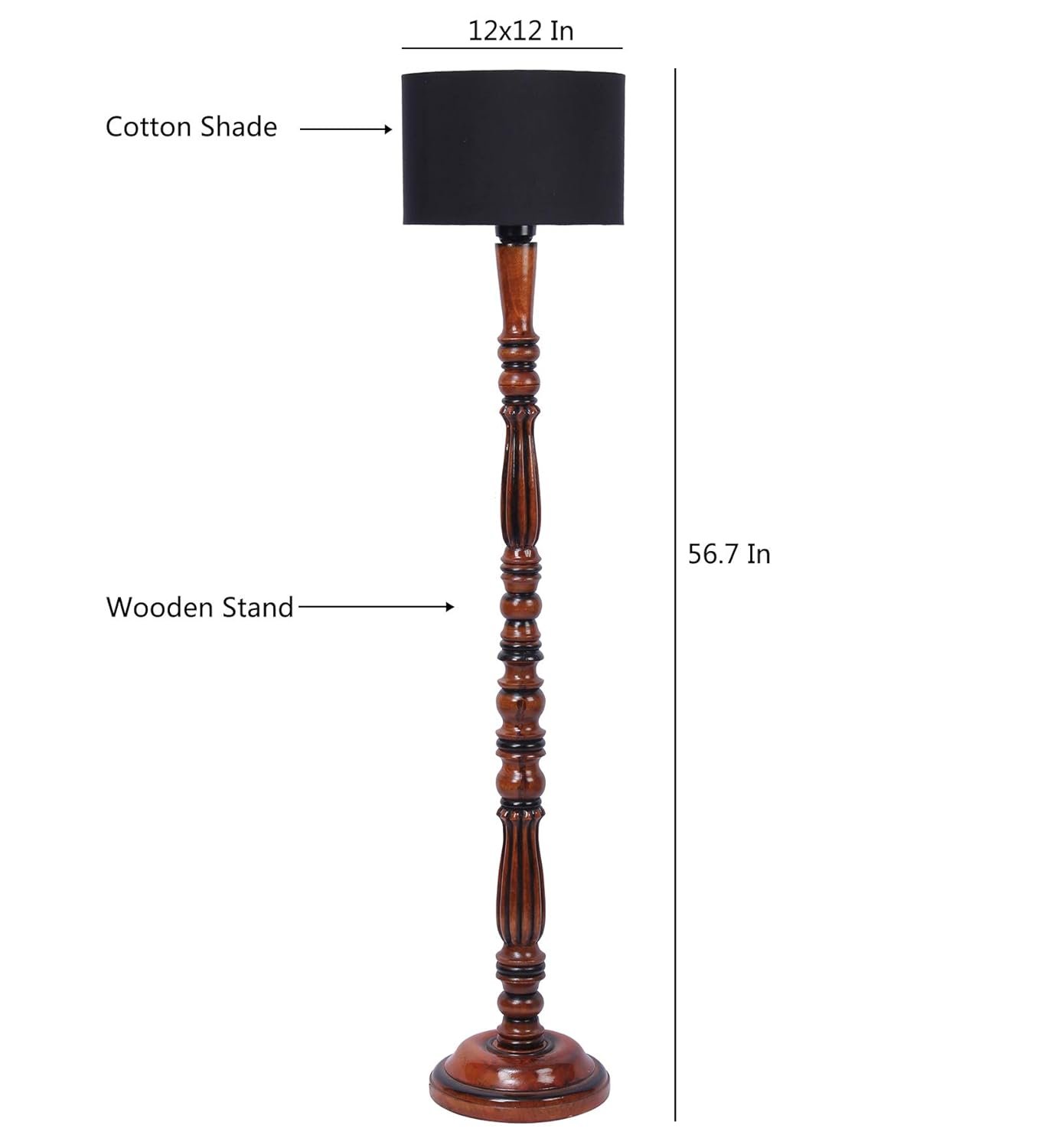 Black Cotton Drum Designer Fashionable Wooden Floor Lamp for Home Decor (Black, Medium)