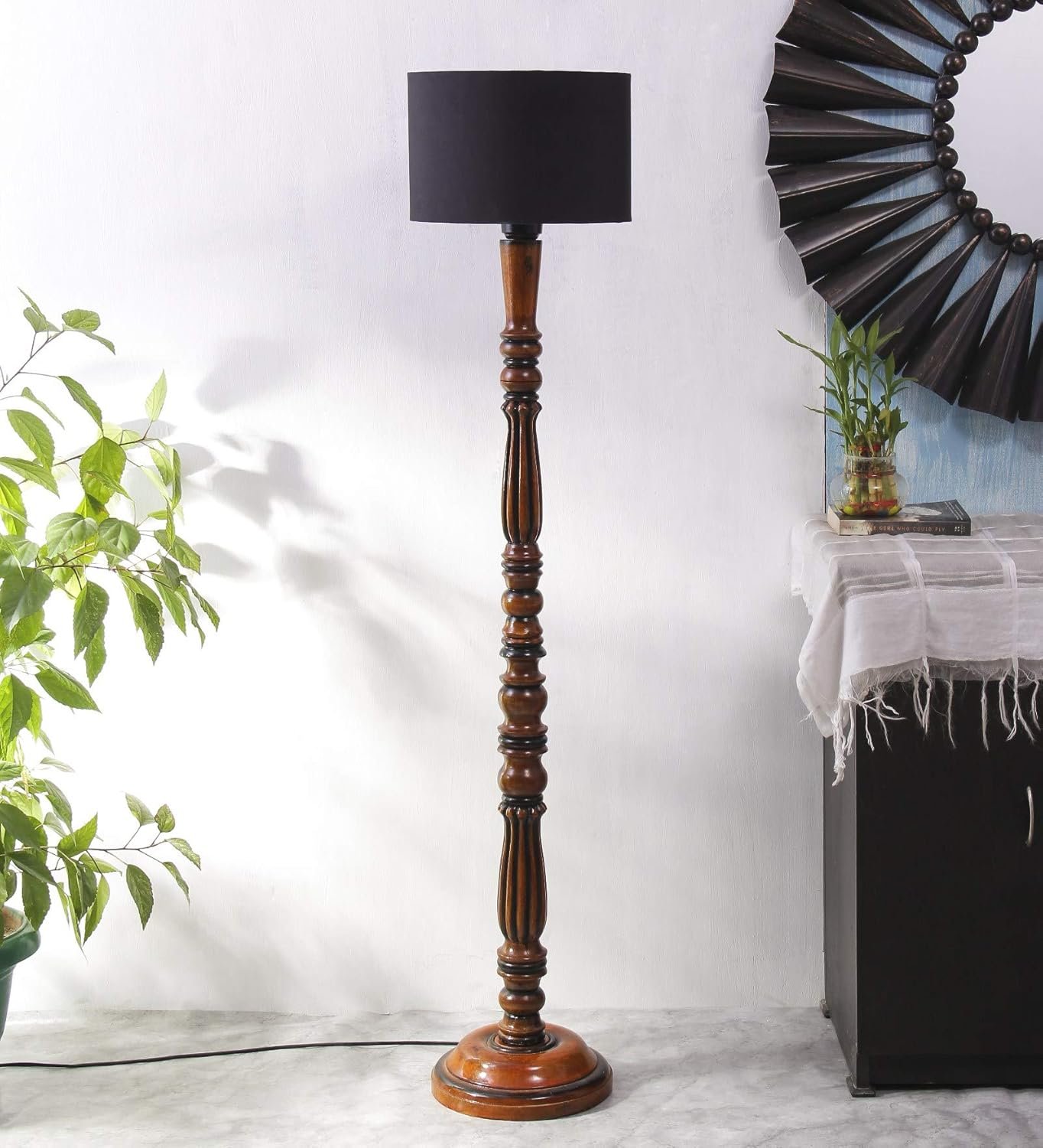 Black Cotton Drum Designer Fashionable Wooden Floor Lamp for Home Decor (Black, Medium)