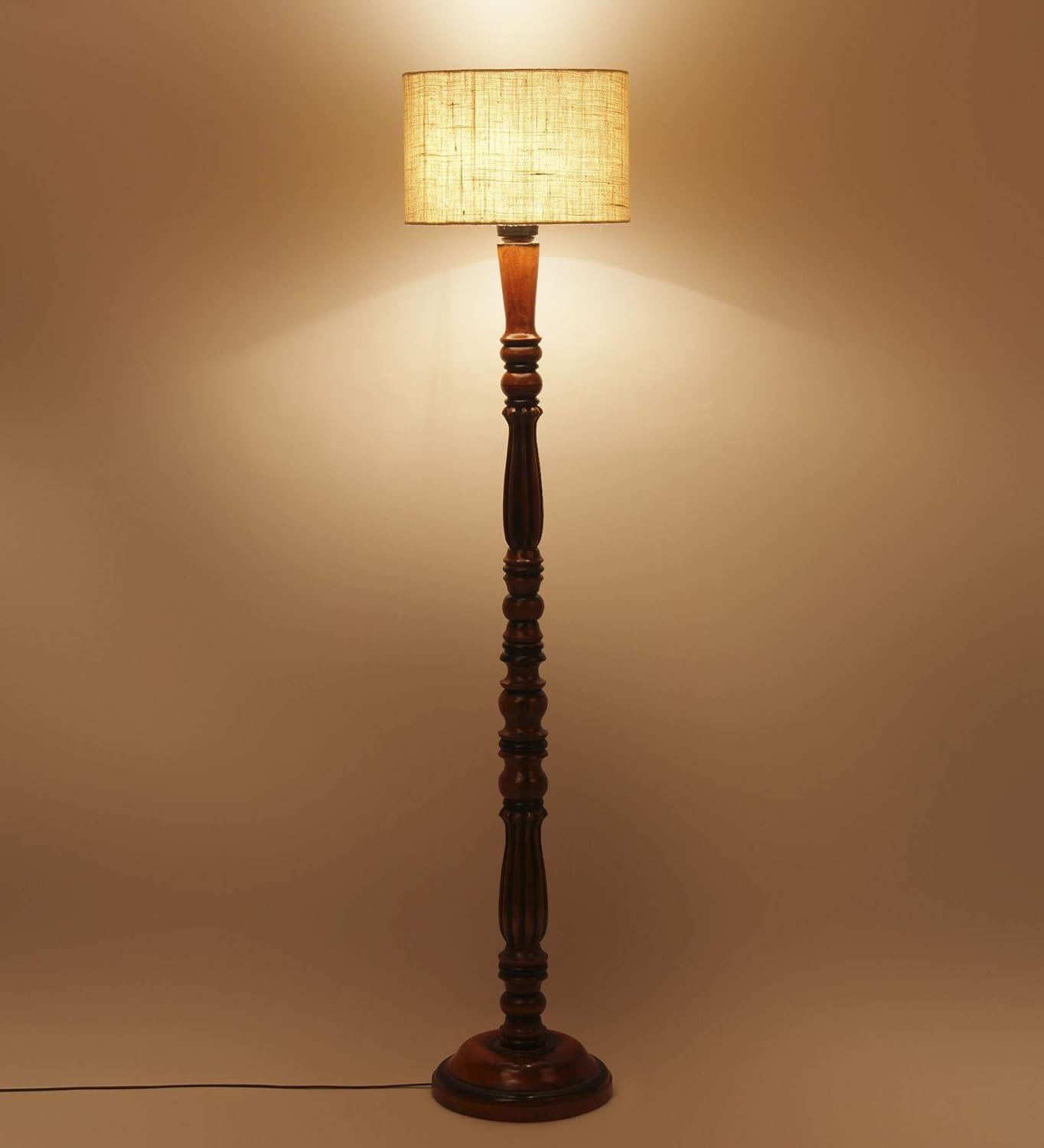 Off White Jute Drum Designer Fashionable Wooden Floor Lamp for Home Decor (Off White, Medium)