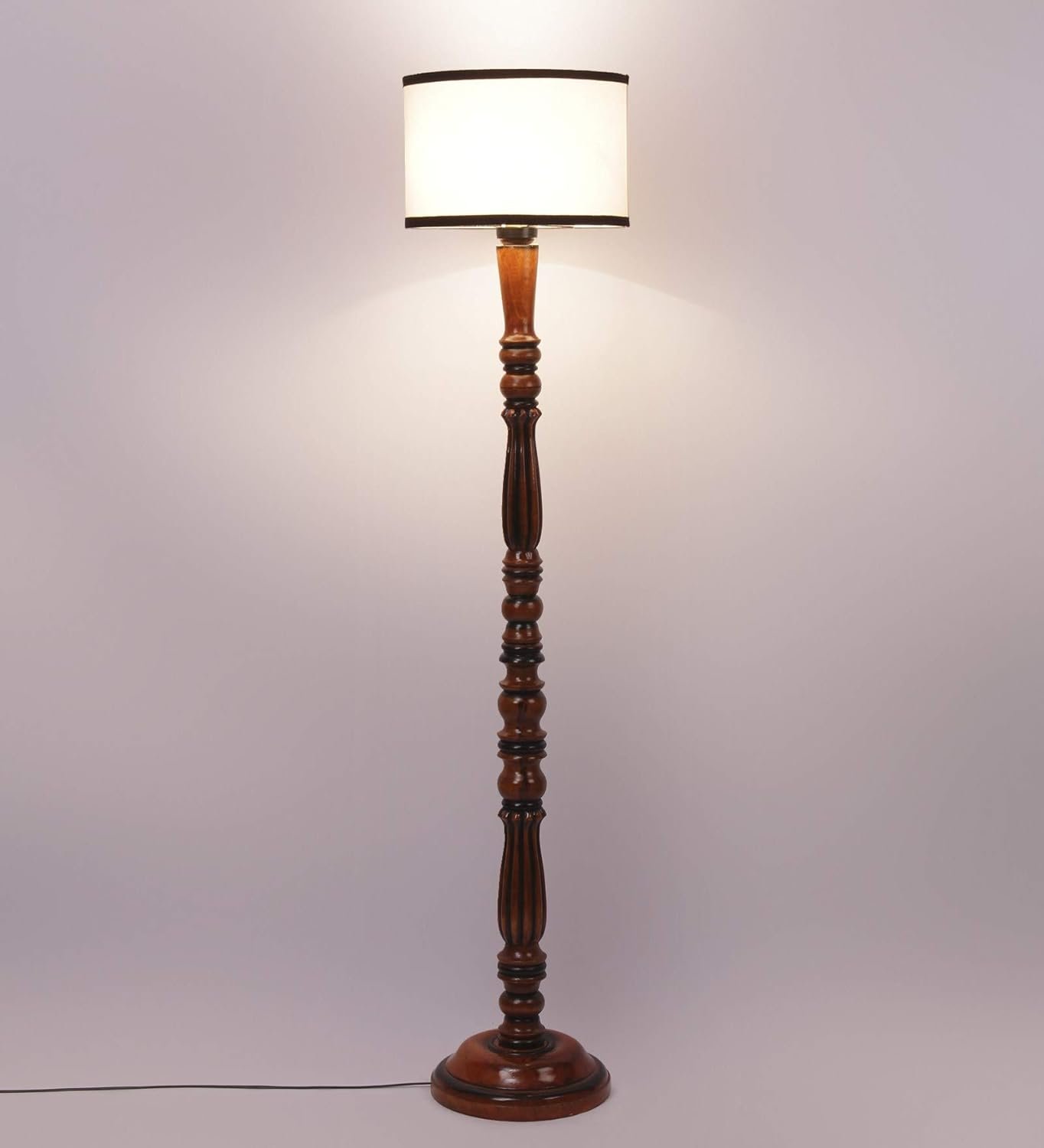 Off White & Black Cotton Drum Designer Fashionable Wooden Floor Lamp for Home Decor (Off White & Black, Medium)