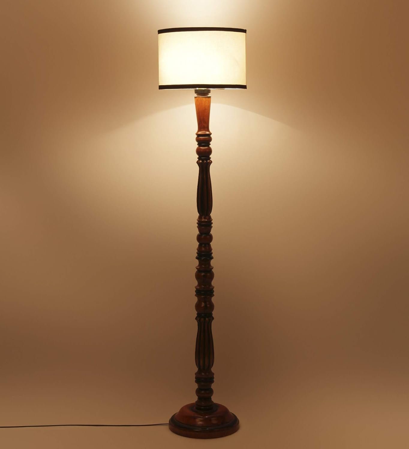 Off White & Black Cotton Drum Designer Fashionable Wooden Floor Lamp for Home Decor (Off White & Black, Medium)