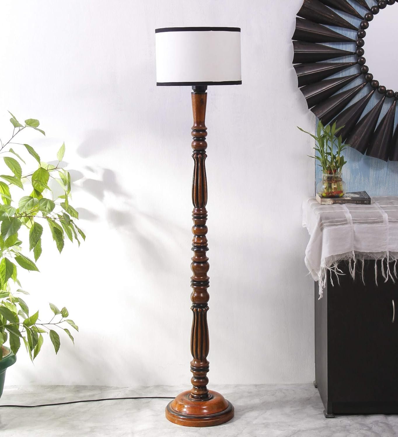 Off White & Black Cotton Drum Designer Fashionable Wooden Floor Lamp for Home Decor (Off White & Black, Medium)