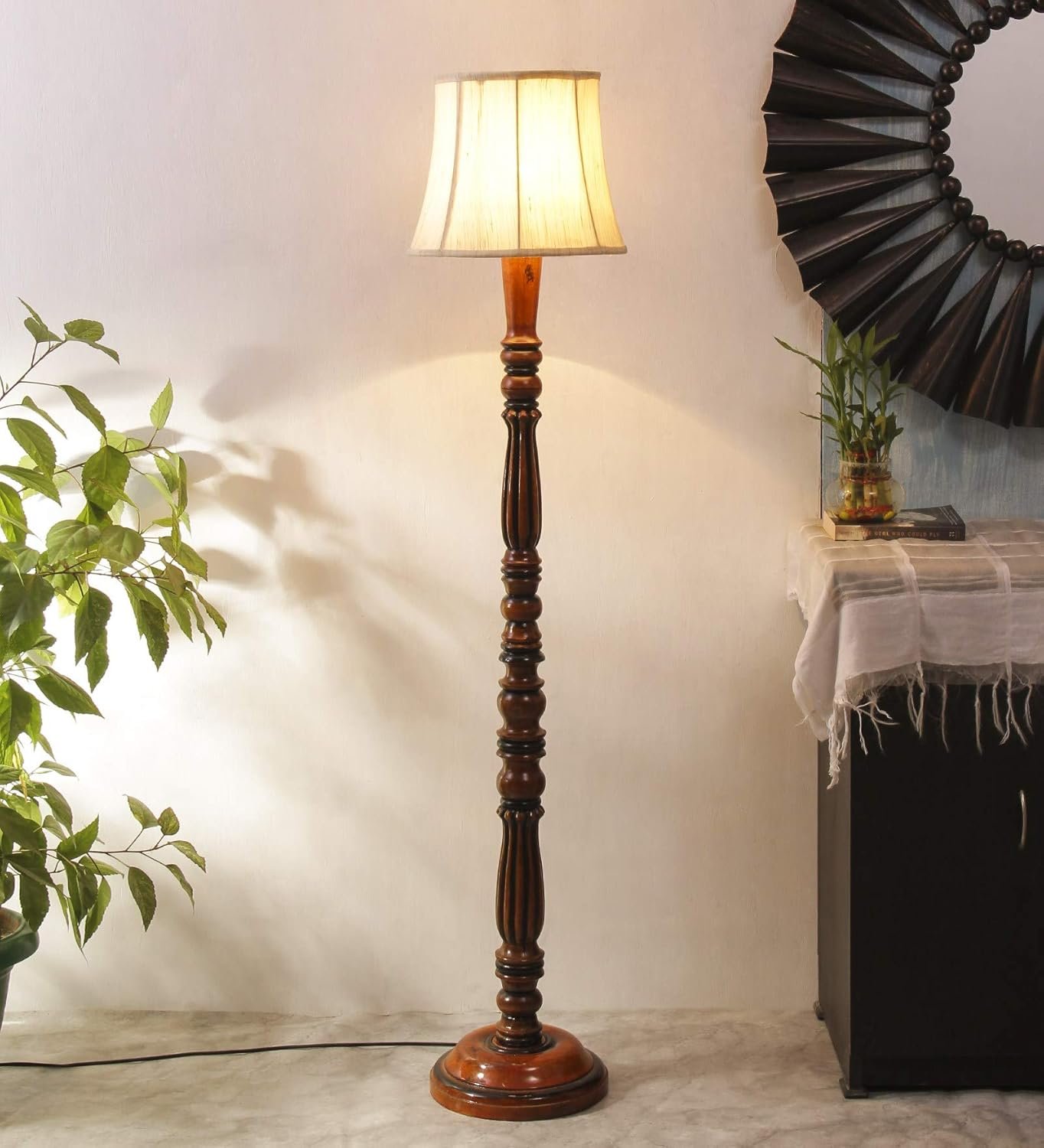 Off White Cotton Cylindrical Drum Designer Fashionable Wooden Floor Lamp for Home Decor (Off White, Medium)