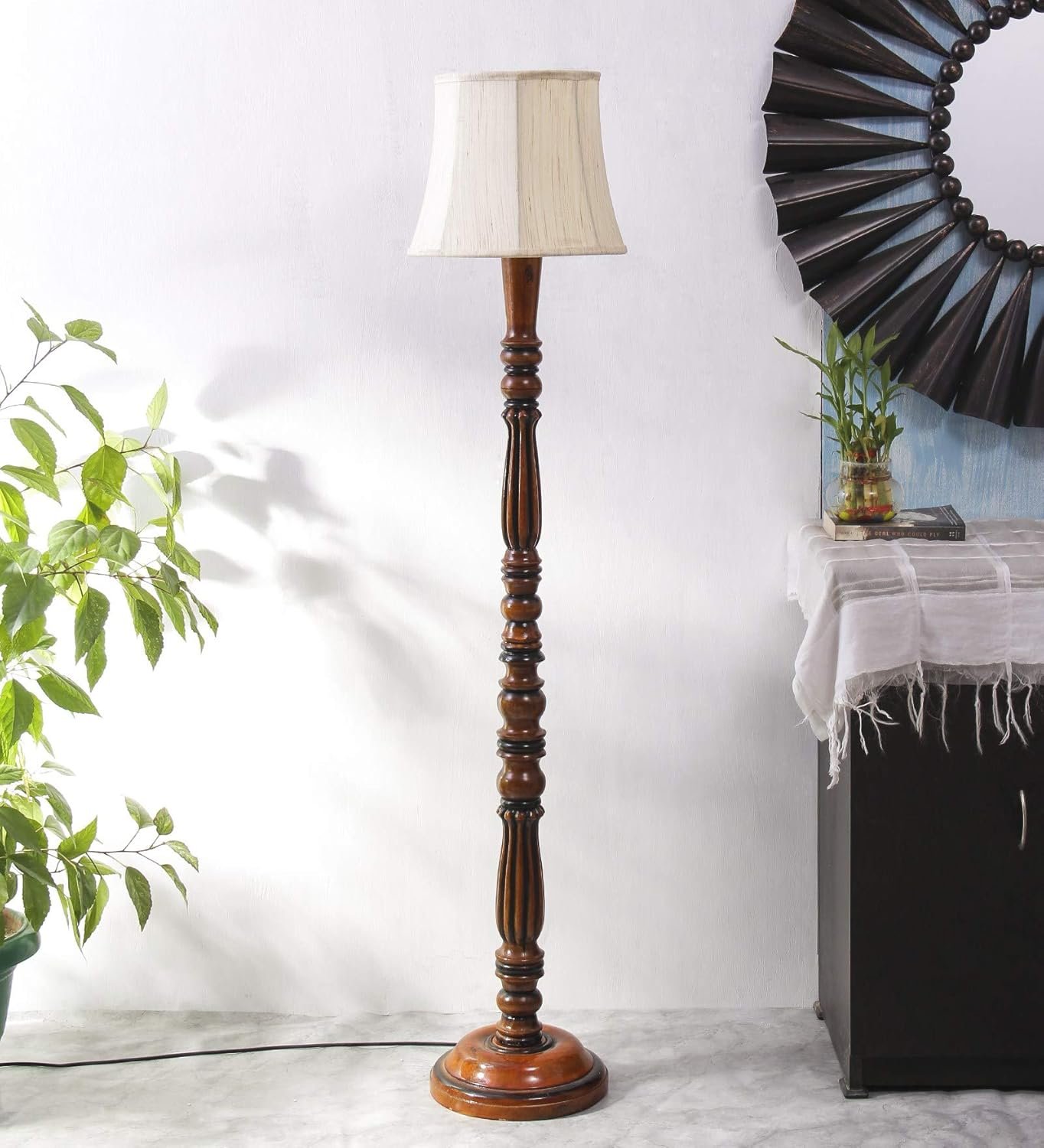 Off White Cotton Cylindrical Drum Designer Fashionable Wooden Floor Lamp for Home Decor (Off White, Medium)