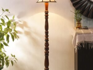 Cotton Drum Designer Fashionable Wooden Floor Lamp for Home Decor (Off White& Brown, Medium)
