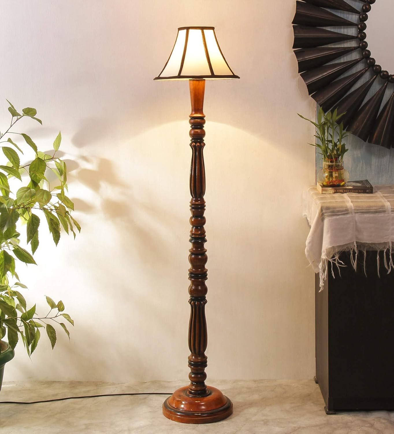 Cotton Drum Designer Fashionable Wooden Floor Lamp for Home Decor (Off White& Brown, Medium)