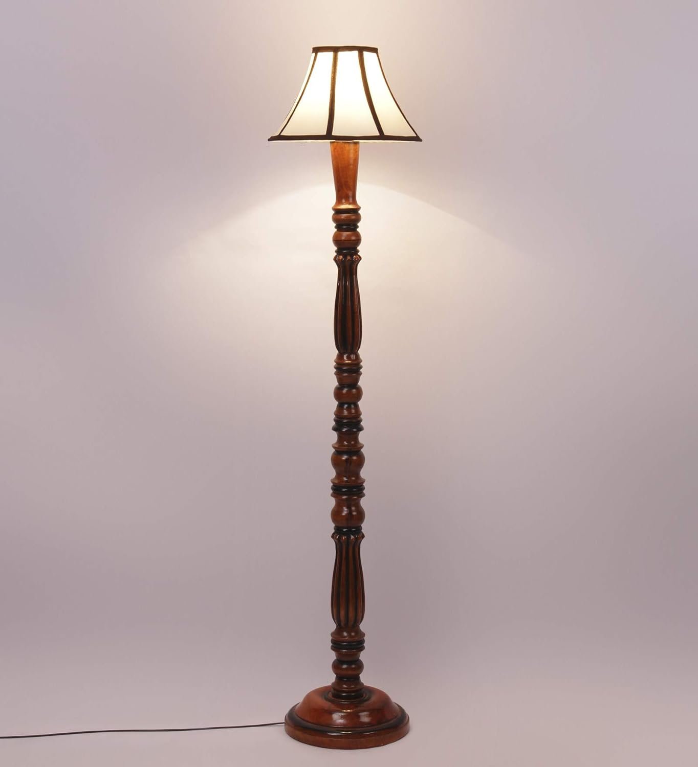 Cotton Drum Designer Fashionable Wooden Floor Lamp for Home Decor (Off White& Brown, Medium)