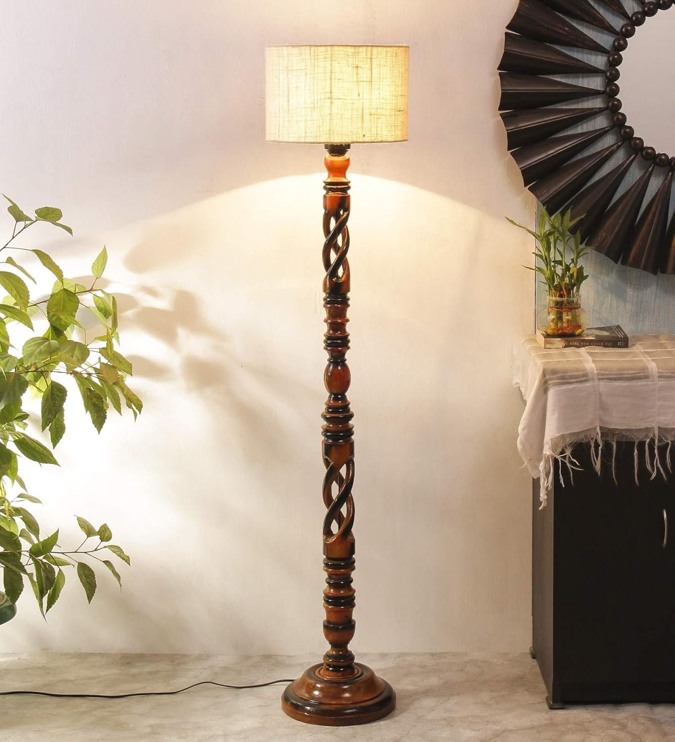 Off White Jute Drum Designer Fashionable Wooden Floor Lamp for Home Decor (Off White, Medium)