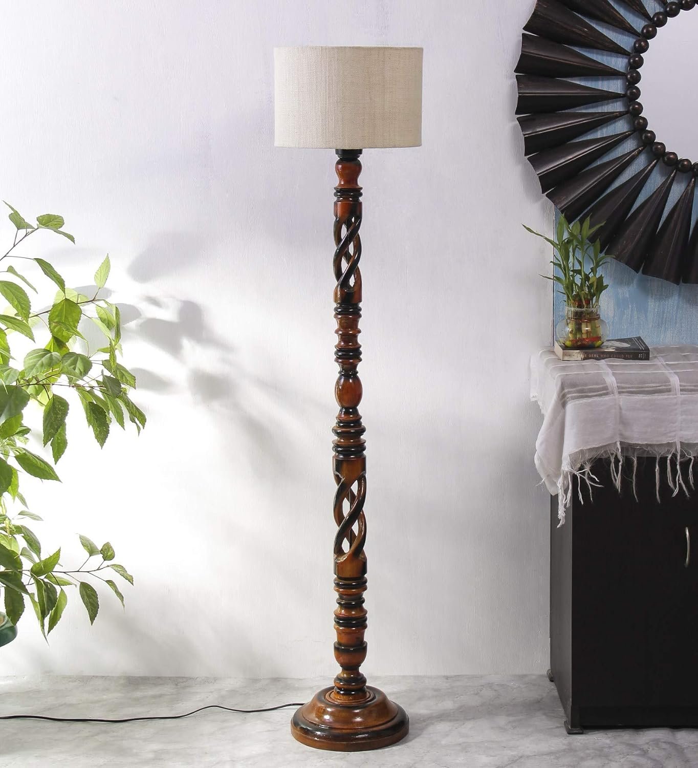 Off White Jute Drum Designer Fashionable Wooden Floor Lamp for Home Decor (Off White, Medium)