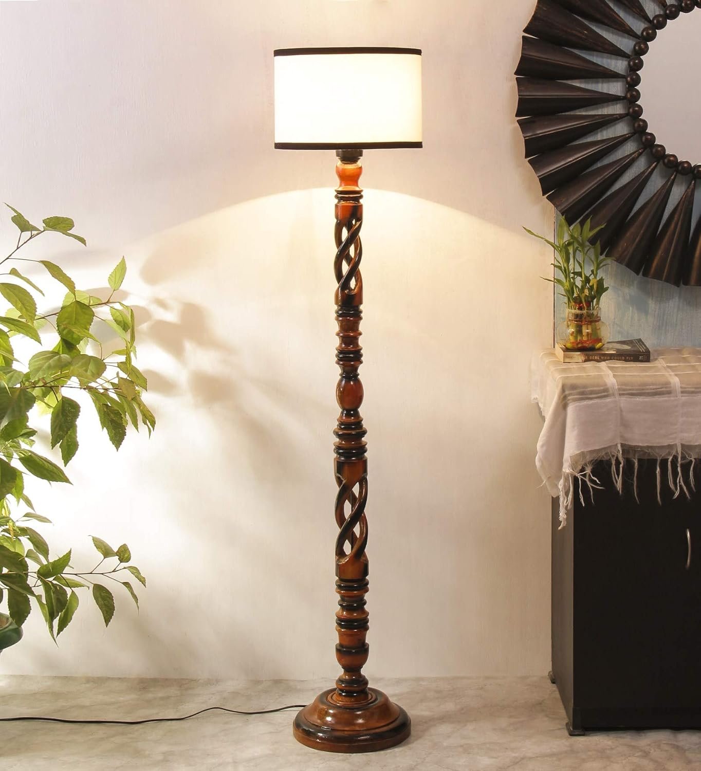 Off White & Black Cotton Drum Designer Fashionable Wooden Floor Lamp for Home Decor (Off White & Black, Medium)