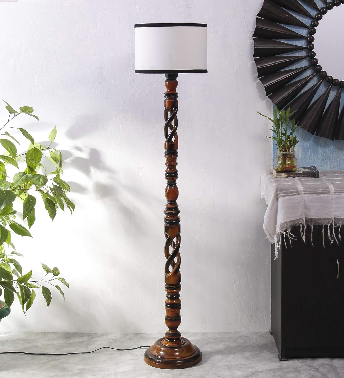 Off White & Black Cotton Drum Designer Fashionable Wooden Floor Lamp for Home Decor (Off White & Black, Medium)