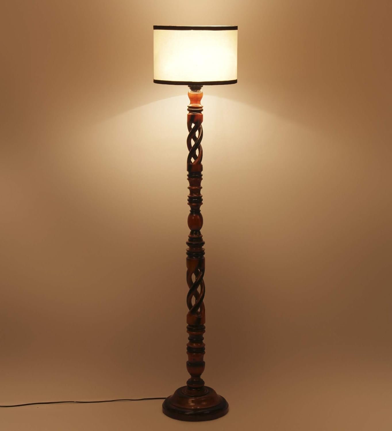 Off White & Black Cotton Drum Designer Fashionable Wooden Floor Lamp for Home Decor (Off White & Black, Medium)