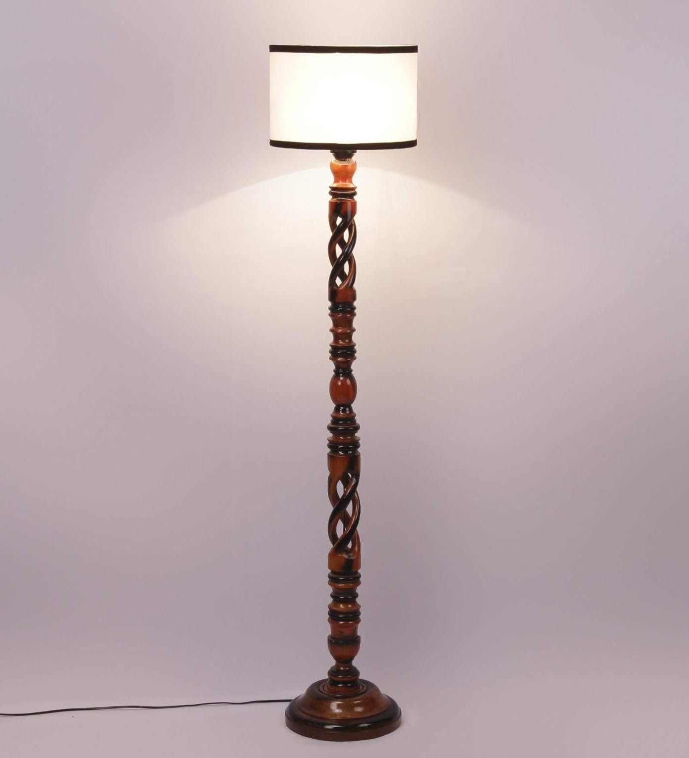 Off White & Black Cotton Drum Designer Fashionable Wooden Floor Lamp for Home Decor (Off White & Black, Medium)