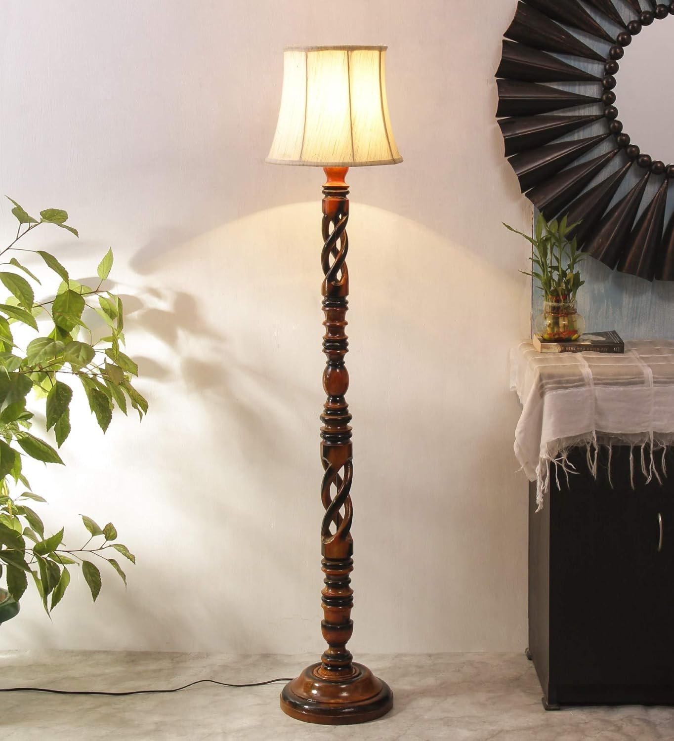 Off White Cotton Cylindrical Drum Designer Fashionable Wooden Floor Lamp for Home Decor (Off White, Medium)