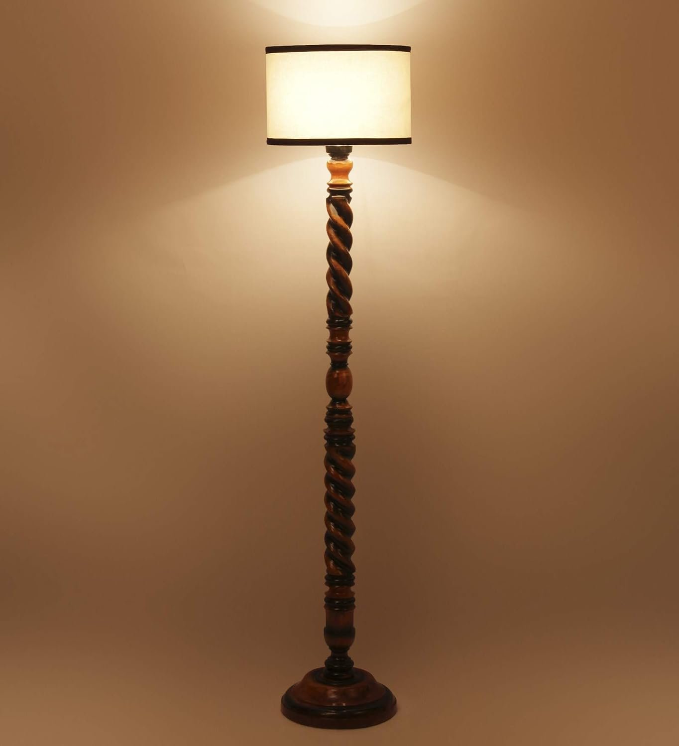 Off White & Black Cotton Drum Designer Fashionable Wooden Floor Lamp for Home Decor (Off White & Black, Medium)