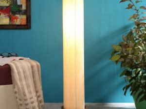 Off White Khadi Cotton Round Natural Wood Floor Lamps (Off White,Khadi)