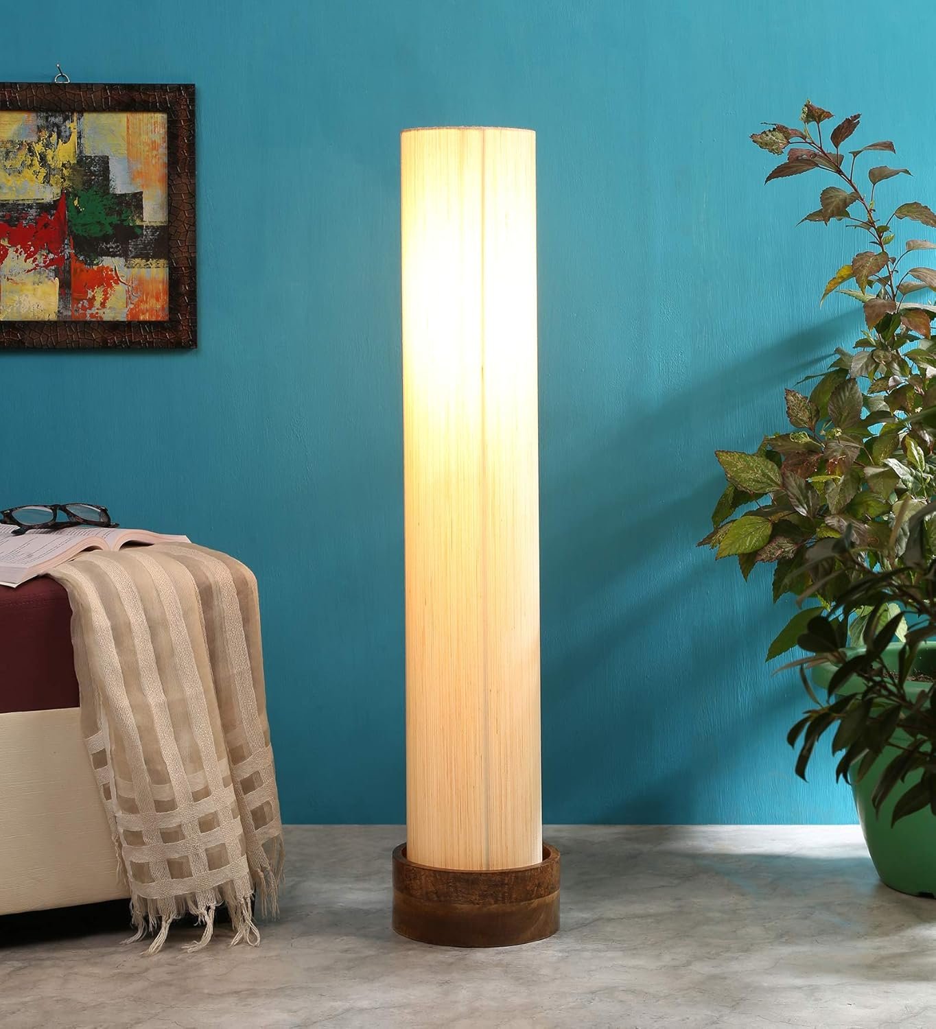 Off White Khadi Cotton Round Natural Wood Floor Lamps (Off White,Khadi)