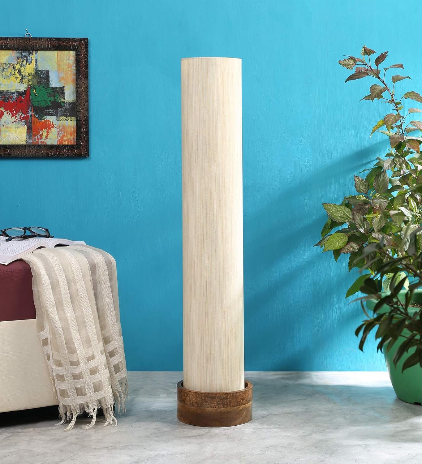 Off White Khadi Cotton Round Natural Wood Floor Lamps (Off White,Khadi)