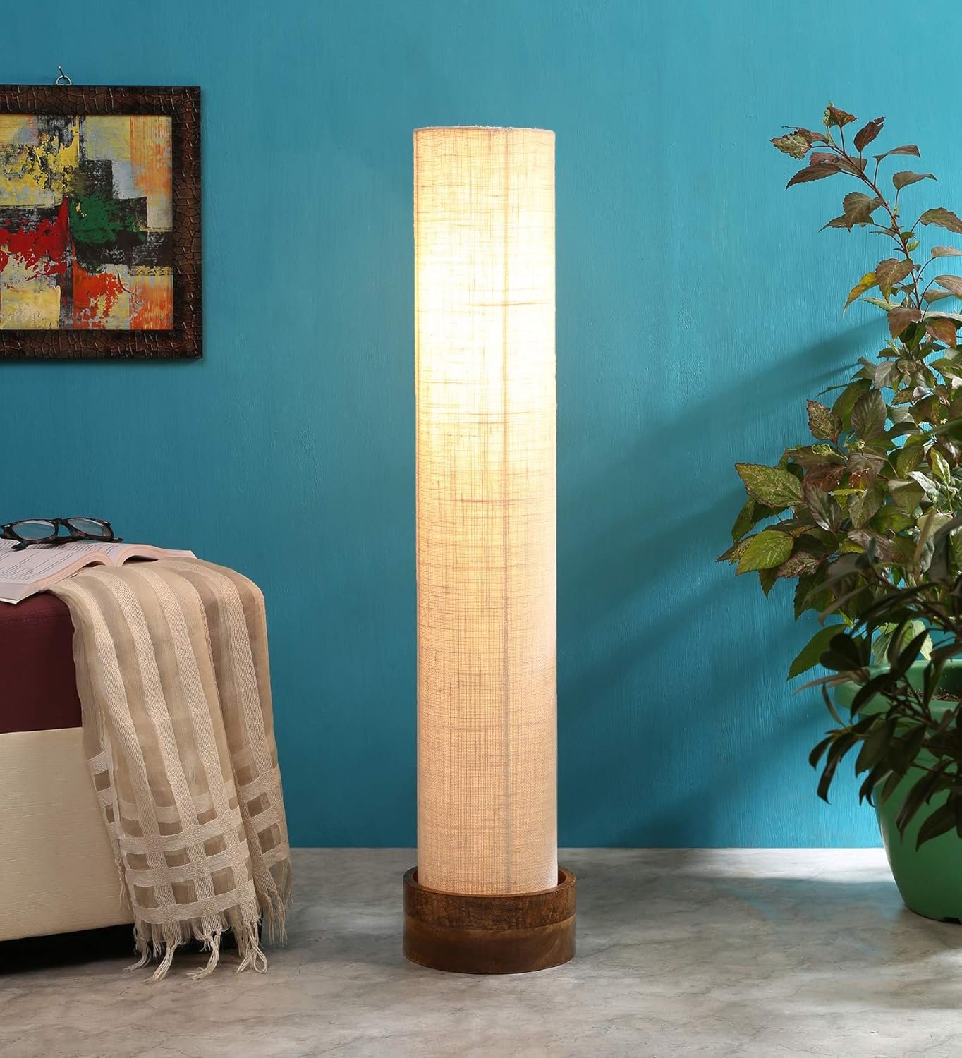 White Jute Round Natural Wood Floor Lamps (White, Jute)