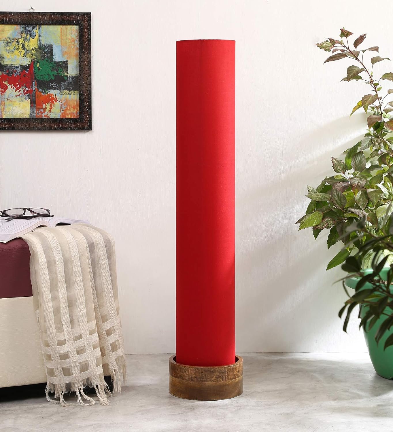 Red Round Cotton Natural Wood Floor Lamps (Red,Cotton)