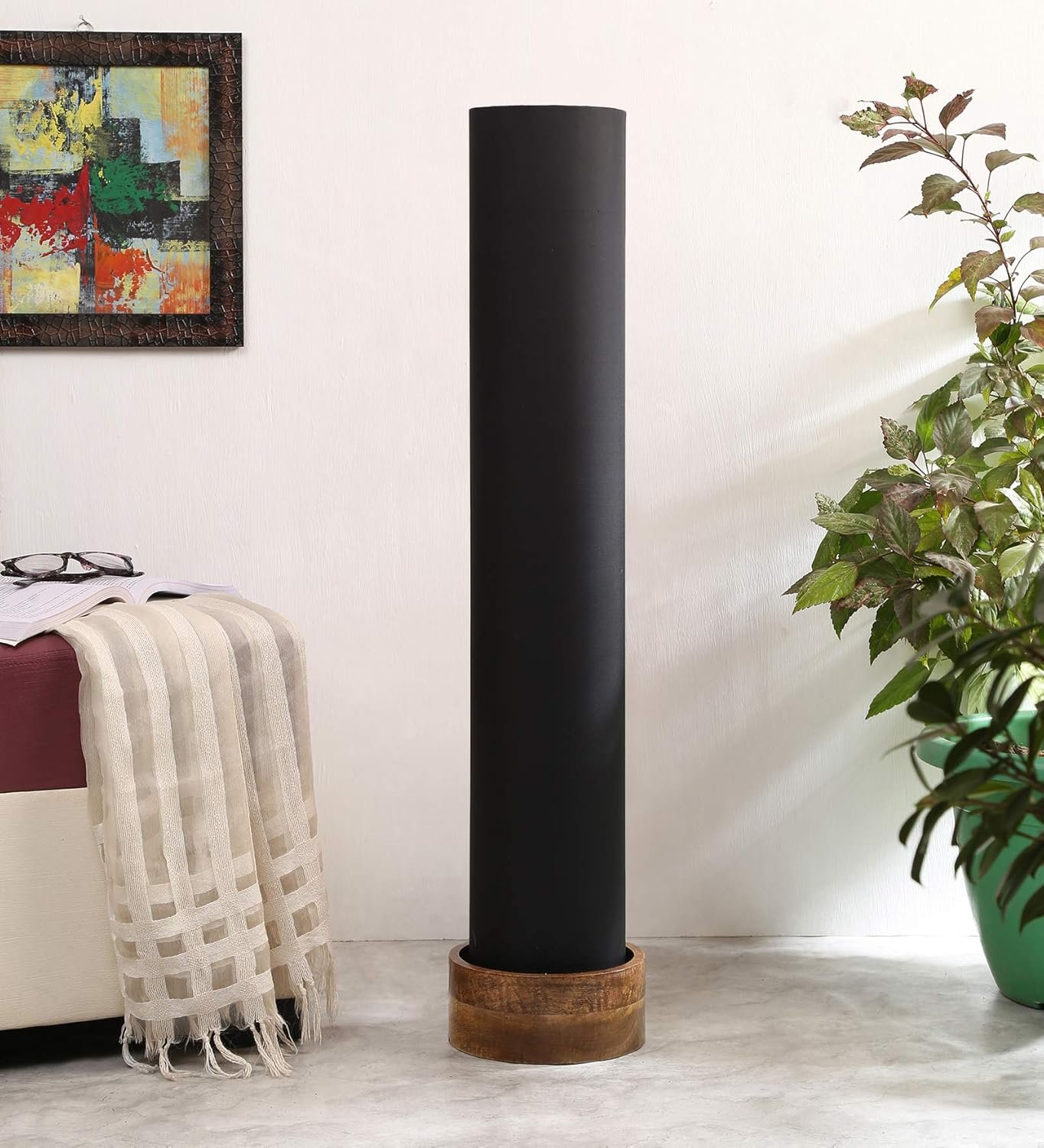 Black Round Cotton Natural Wood Floor Lamps (Black,Cotton)