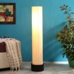 Off White Khadi Cotton Round Brown Wood Floor Lamps (Off White,Khadi)