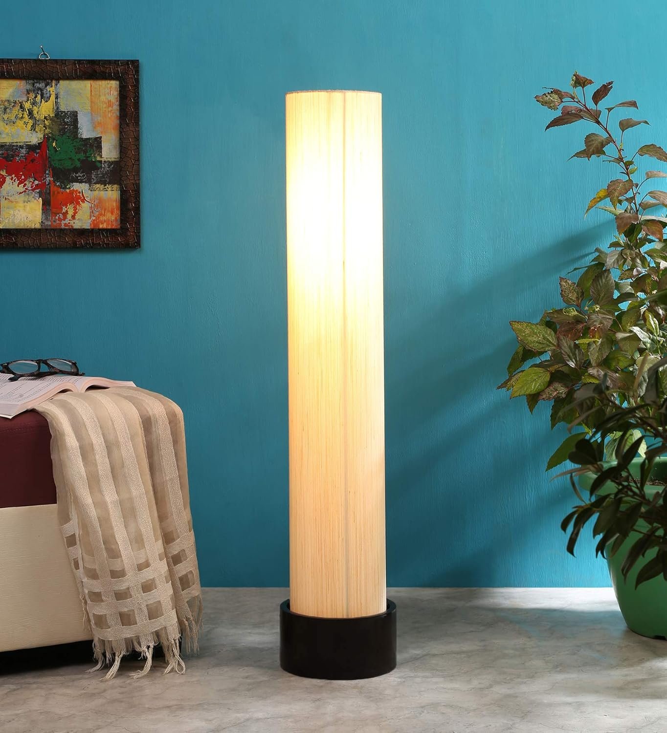 Off White Khadi Cotton Round Brown Wood Floor Lamps (Off White,Khadi)