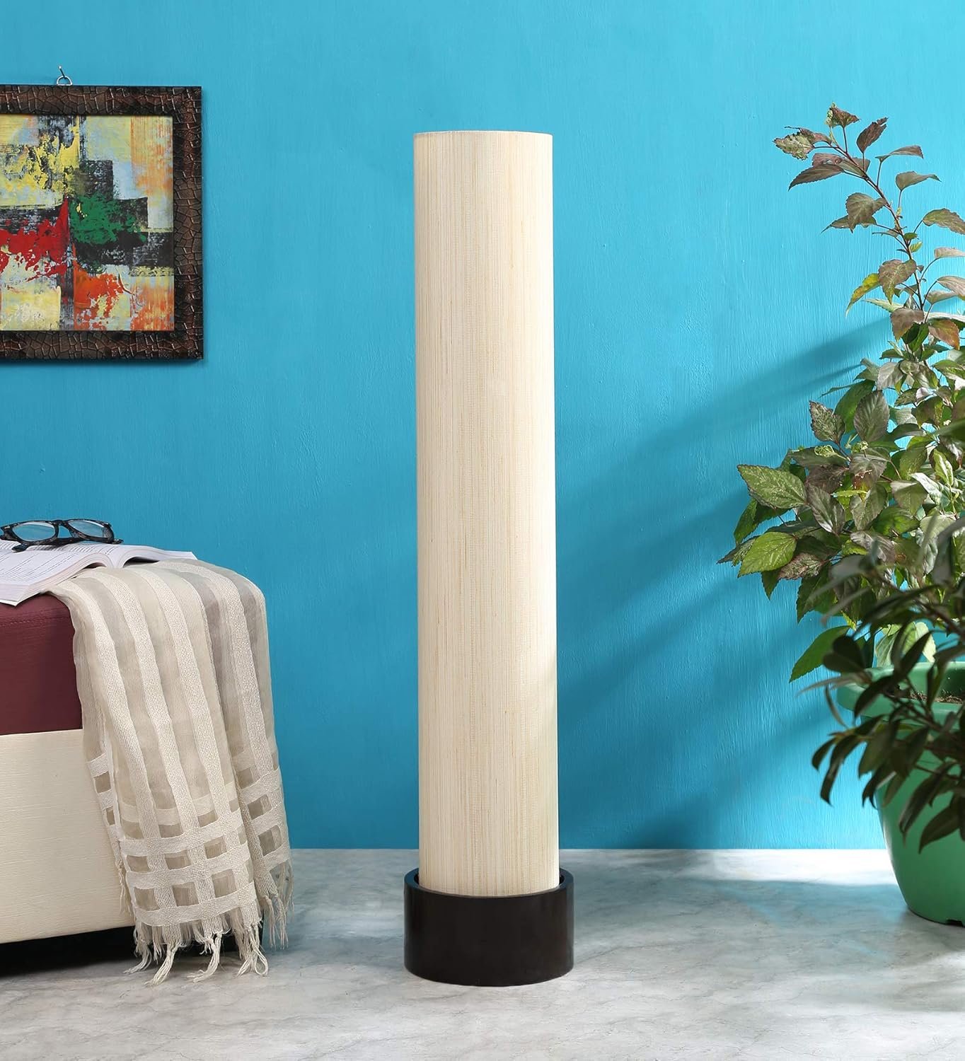 Off White Khadi Cotton Round Brown Wood Floor Lamps (Off White,Khadi)